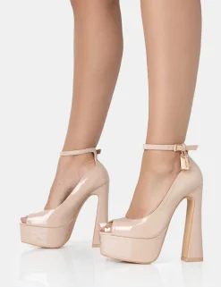 Shop Formation Nude Patent Padlock Detail Chunky Square Platform Heels Square Toe Heels | Block Heels