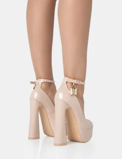 Shop Formation Nude Patent Padlock Detail Chunky Square Platform Heels Square Toe Heels | Block Heels