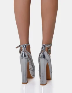 Fashion Formation Mirror Padlock Detail Chunky Platform Heels Silver Heels | Square Toe Heels
