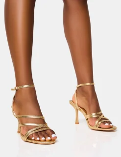 Discount Free Spirit Strappy Round Toe Mid Heels Back In Stock | Gold Heels