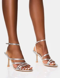 Fashion Free Spirit Silver Strappy Round Toe Mid Heels Wide Fit Heels | Wide Fit Heels
