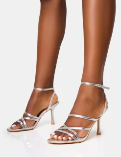 Fashion Free Spirit Silver Strappy Round Toe Mid Heels Wide Fit Heels | Wide Fit Heels