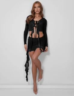 New Frill Detail Ruched Mini Skirt Black Co-ords