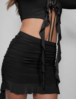 New Frill Detail Ruched Mini Skirt Black Co-ords