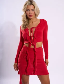 Hot Frill Detail Tie Front Cardigan Top Co-ords | Tops