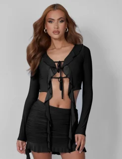 Flash Sale Frill Detail Tie Front Cardigan Top Black Co-ords | Tops