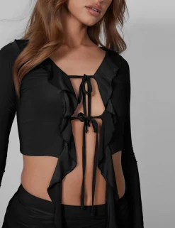 Flash Sale Frill Detail Tie Front Cardigan Top Black Co-ords | Tops