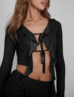 Flash Sale Frill Detail Tie Front Cardigan Top Black Co-ords | Tops