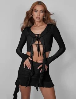 Flash Sale Frill Detail Tie Front Cardigan Top Black Co-ords | Tops