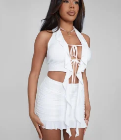 Hot Frill Detail Tie Front Top White Co-ords | Tops