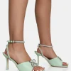 Cheap Front Row Pastel Green Diamante Bow Square Toe Mid Stiletto Heels Bow Heels | Diamante Heels