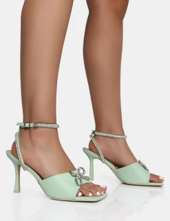 Cheap Front Row Pastel Green Diamante Bow Square Toe Mid Stiletto Heels Bow Heels | Diamante Heels