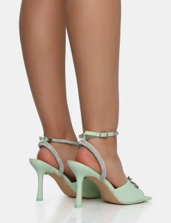 Cheap Front Row Pastel Green Diamante Bow Square Toe Mid Stiletto Heels Bow Heels | Diamante Heels