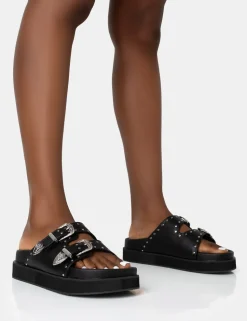 Sale Frontier Pu Western Style Double Strap Slider Sandals Flats
