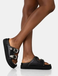 Sale Frontier Pu Western Style Double Strap Slider Sandals Flats