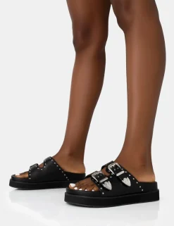 Sale Frontier Pu Western Style Double Strap Slider Sandals Flats