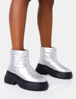 Outlet Frostbite Metallic Nylon Quilted Chunky Sole Ankle Boots Chunky Boots | Ankle Boots