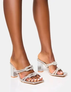 Discount Frosted Diamante Knot Detail Block Heels Diamante Heels | Silver Heels