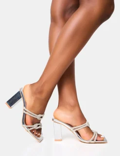 Discount Frosted Diamante Knot Detail Block Heels Diamante Heels | Silver Heels