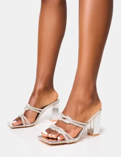 Discount Frosted Diamante Knot Detail Block Heels Diamante Heels | Silver Heels
