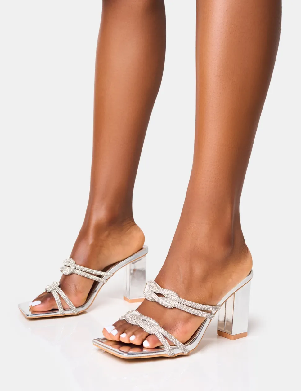 Discount Frosted Diamante Knot Detail Block Heels Diamante Heels | Silver Heels