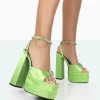 Flash Sale Frozen Lime Satin Sparkly Diamante Strap Open Toe Block Platform Heels Diamante Heels | Block Heels
