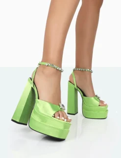 Flash Sale Frozen Lime Satin Sparkly Diamante Strap Open Toe Block Platform Heels Diamante Heels | Block Heels