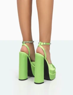 Flash Sale Frozen Lime Satin Sparkly Diamante Strap Open Toe Block Platform Heels Diamante Heels | Block Heels