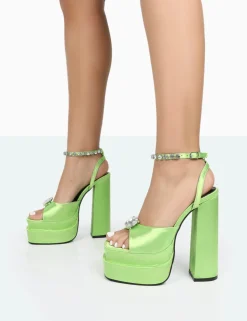 Flash Sale Frozen Lime Satin Sparkly Diamante Strap Open Toe Block Platform Heels Diamante Heels | Block Heels