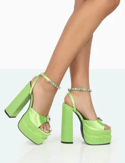 Flash Sale Frozen Lime Satin Sparkly Diamante Strap Open Toe Block Platform Heels Diamante Heels | Block Heels
