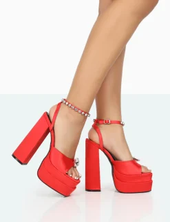 Store Frozen Satin Sparkly Diamante Strap Open Toe Block Platform Heels Diamante Heels | Block Heels
