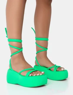 Sale Full Moon Lime Nylon Lace Up Chunky Platform Sandals Flats