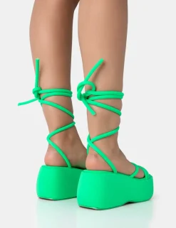 Sale Full Moon Lime Nylon Lace Up Chunky Platform Sandals Flats