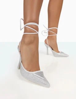 Sale Galaxy Sparkly Diamante Stiletto Lace Up Wrap Around Heels Diamante Heels | Silver Heels