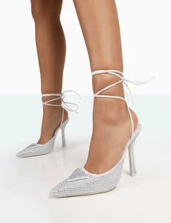 Sale Galaxy Sparkly Diamante Stiletto Lace Up Wrap Around Heels Diamante Heels | Silver Heels