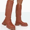 Cheap Genius Tabacco Tan Pu Knee High Chunky Sole Boots Chunky Boots | Ankle Boots