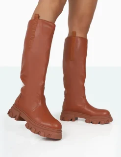 Cheap Genius Tabacco Tan Pu Knee High Chunky Sole Boots Chunky Boots | Ankle Boots