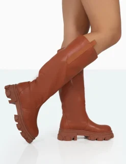 Cheap Genius Tabacco Tan Pu Knee High Chunky Sole Boots Chunky Boots | Ankle Boots