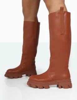 Cheap Genius Tabacco Tan Pu Knee High Chunky Sole Boots Chunky Boots | Ankle Boots