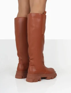 Cheap Genius Tabacco Tan Pu Knee High Chunky Sole Boots Chunky Boots | Ankle Boots