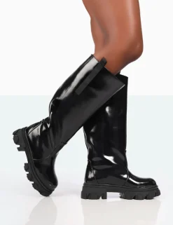 Store Genius Wide Fit Box Patent Knee High Chunky Sole Boots Wide Fit Boots | Wide Fit Boots