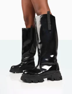 Store Genius Wide Fit Box Patent Knee High Chunky Sole Boots Wide Fit Boots | Wide Fit Boots
