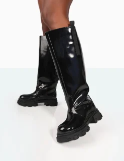 Store Genius Wide Fit Box Patent Knee High Chunky Sole Boots Wide Fit Boots | Wide Fit Boots