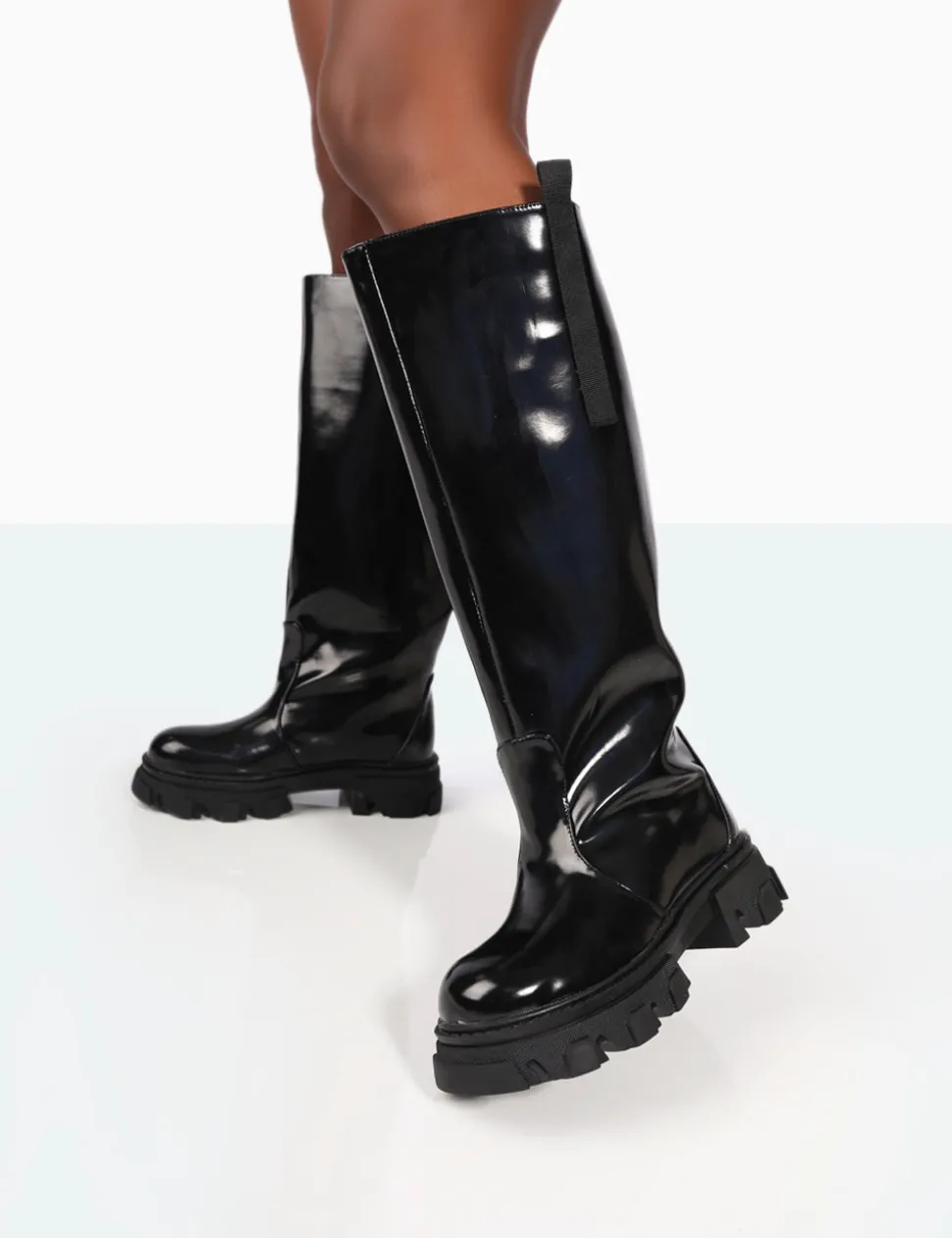 Store Genius Wide Fit Box Patent Knee High Chunky Sole Boots Wide Fit Boots | Wide Fit Boots