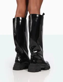 Store Genius Wide Fit Box Patent Knee High Chunky Sole Boots Wide Fit Boots | Wide Fit Boots