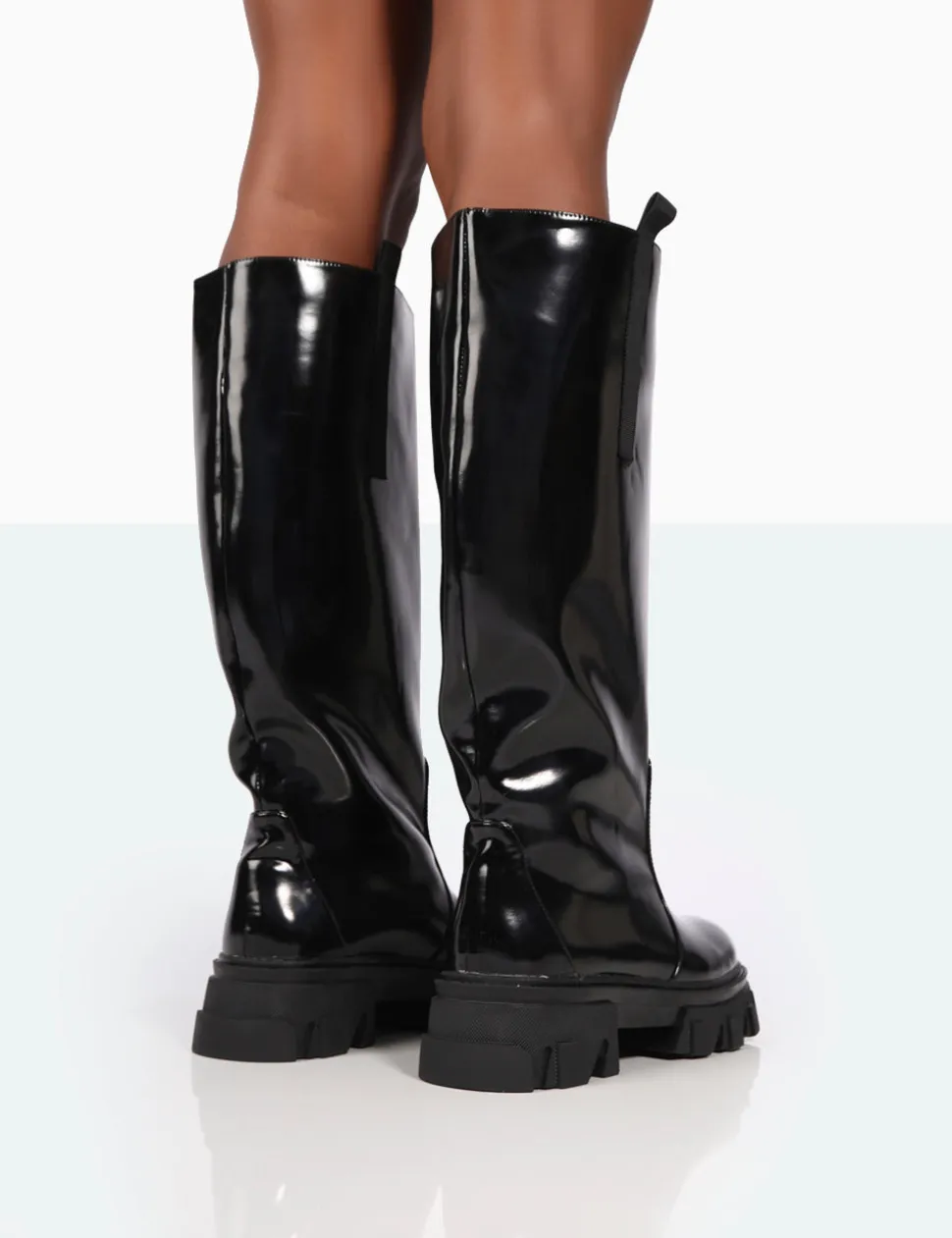 Store Genius Wide Fit Box Patent Knee High Chunky Sole Boots Wide Fit Boots | Wide Fit Boots