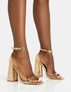 Discount Geri PU Barely There Square Toe Block Heels Barely There Heels | Gold Heels