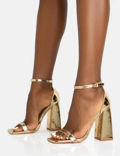 Discount Geri PU Barely There Square Toe Block Heels Barely There Heels | Gold Heels