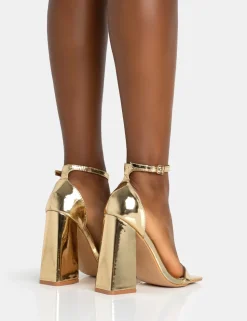 Discount Geri PU Barely There Square Toe Block Heels Barely There Heels | Gold Heels