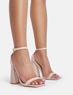 Flash Sale Geri Nude Patent Barely There Square Toe Block Heels Barely There Heels | Square Toe Heels